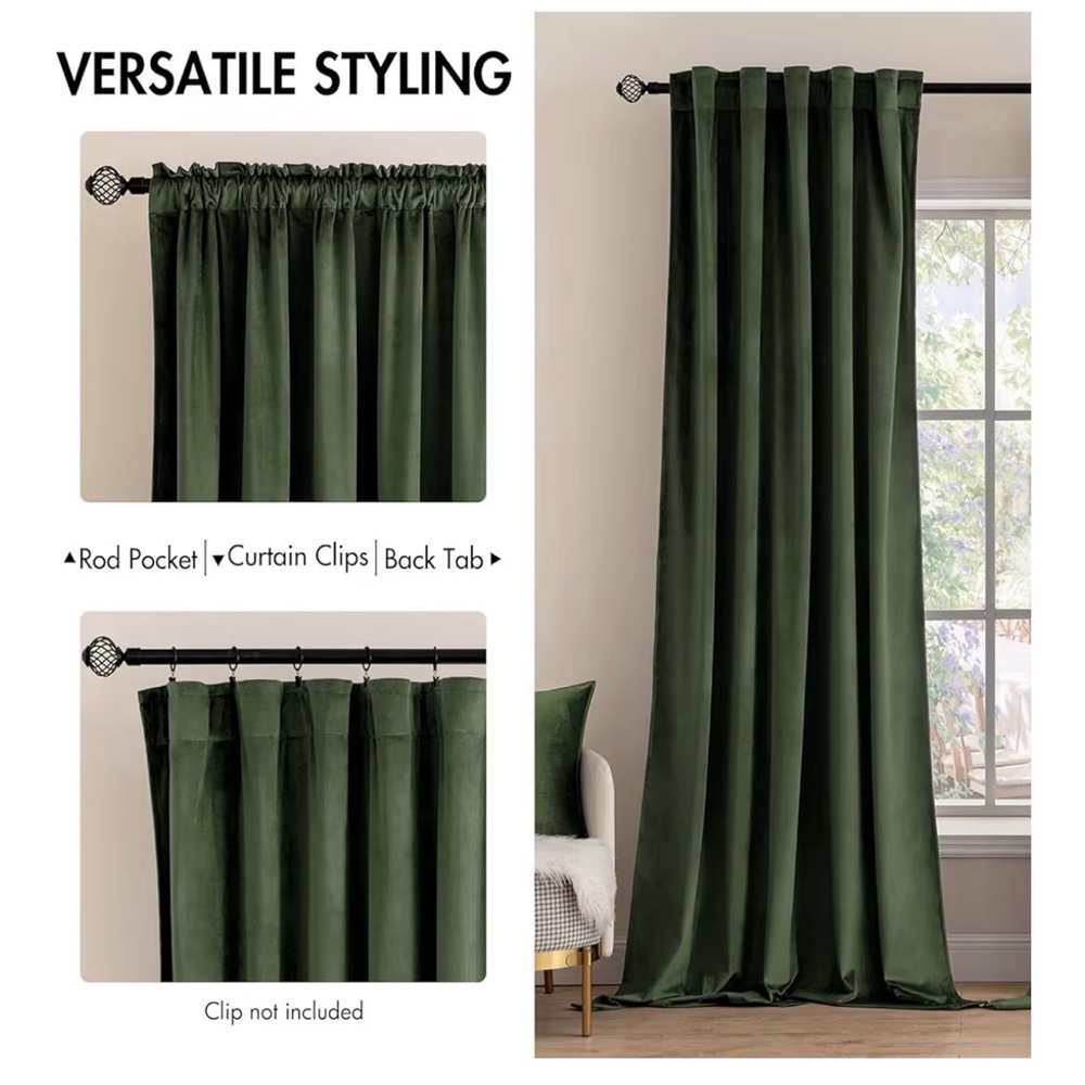 Deep Green Velvet Curtains - 52” W x 84” L - Picture 4 of 7